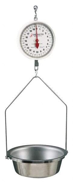 Detecto - 20 Lb. Capacity, 8 Inch Dial Hanging Scale with Stainless Steel Round Pan - 10 Lbs. Graduation, 2 Revolutions - Caliber Tooling