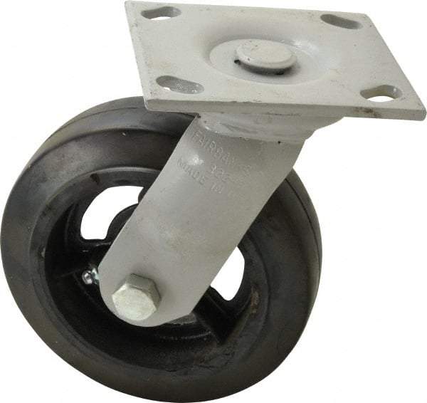 Fairbanks - 6" Diam x 2" Wide, Mold-On Rubber Swivel Caster - 675 Lb Capacity, Top Plate Mount, 4" x 4-1/2" Plate, Delrin Bearing - Caliber Tooling