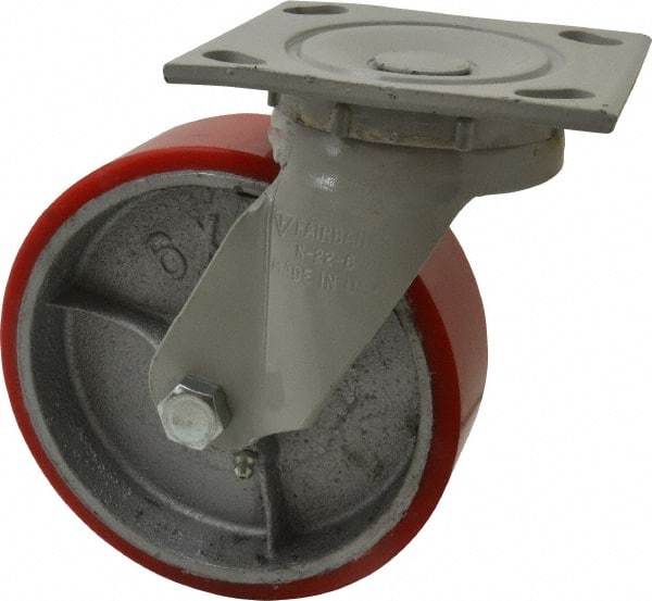 Fairbanks - 6" Diam x 2" Wide x 7-1/4" OAH Top Plate Mount Swivel Caster - Polyurethane, 1,000 Lb Capacity, Roller Bearing, 4 x 4-1/2" Plate - Caliber Tooling