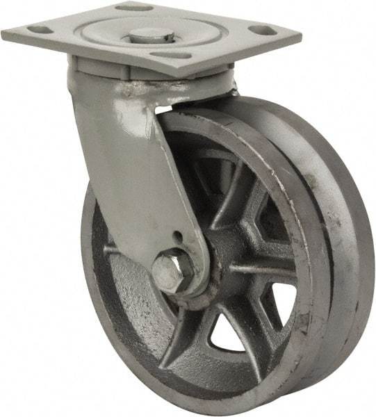 Fairbanks - 6" Diam x 2" Wide, V Groove Metal Swivel Caster - 1,200 Lb Capacity, Top Plate Mount, 4" x 4-1/2" Plate, Roller Bearing - Caliber Tooling