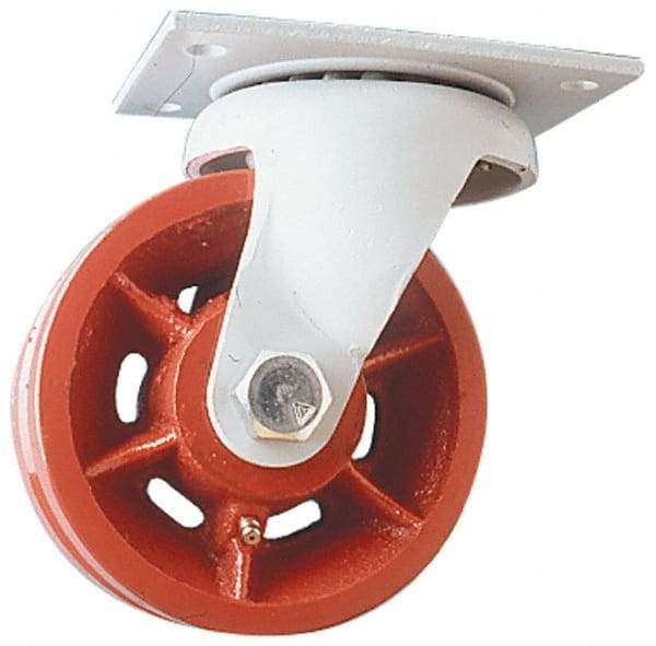 Fairbanks - 8" Diam x 2-1/2" Wide x 10" OAH Top Plate Mount Swivel Caster - Ductile Iron, 2,500 Lb Capacity, Roller Bearing, 5 x 6-1/2" Plate - Caliber Tooling