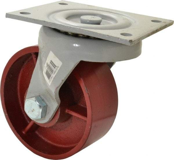 Fairbanks - 6" Diam x 2-1/2" Wide x 7-3/4" OAH Top Plate Mount Swivel Caster - Ductile Iron, 2,500 Lb Capacity, Roller Bearing, 5 x 6-1/2" Plate - Caliber Tooling