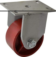 Fairbanks - 5" Diam x 2-1/2" Wide x 7-1/4" OAH Top Plate Mount Rigid Caster - Ductile Iron, 2,500 Lb Capacity, Roller Bearing, 5 x 6-1/2" Plate - Caliber Tooling