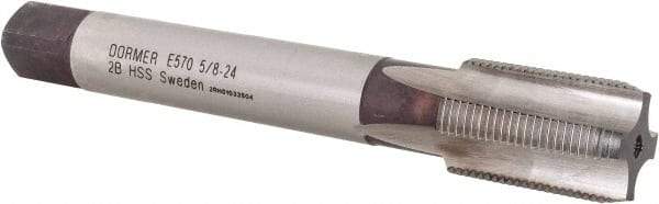 DORMER - 5/8-24 UN 2B 4 Flute Bright Finish High Speed Steel Straight Flute Machine Tap - Bottoming, Right Hand Thread, 102mm OAL, 24mm Thread Length, Oversize - Exact Industrial Supply