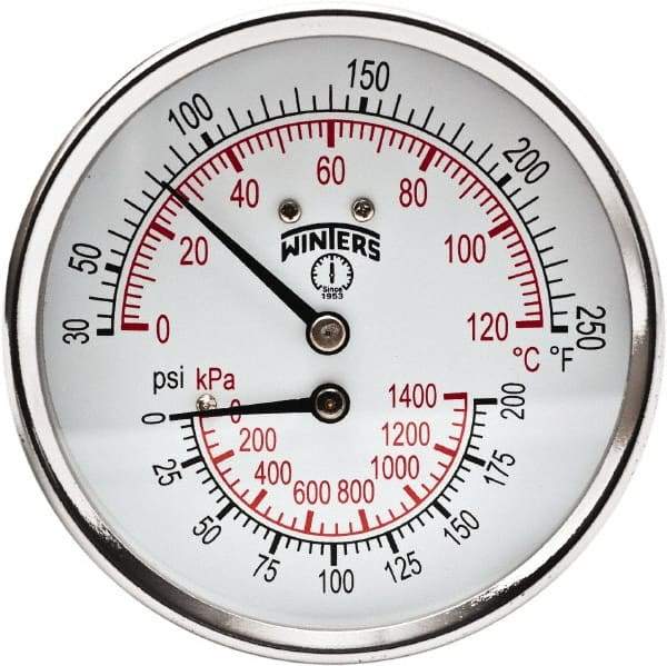 Winters - 3" Dial, 1/2 Thread, 0-200 Scale Range, Pressure Gauge - Center Back Connection Mount, Accurate to 0.03% of Scale - Caliber Tooling