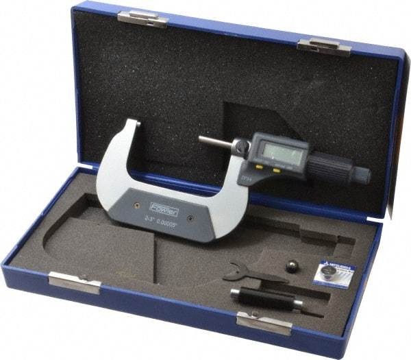 Fowler - 2 to 3 Inch Range, 0.0001 Inch Resolution, Standard Throat, IP54 Electronic Outside Micrometer - 0.0002 Inch Accuracy, Friction Thimble, 357 Battery, Data Output, Includes Case and Wrench - Caliber Tooling