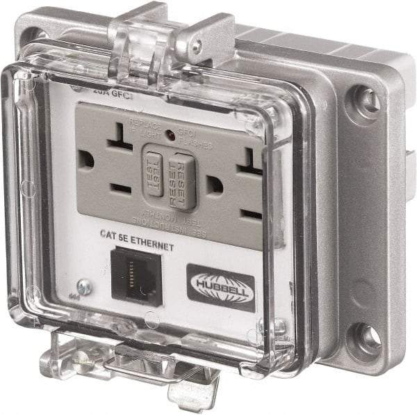 Hubbell Wiring Device-Kellems - 1 Port, 3 Power Receptacle, Ethernet, Clear Data Port Receptacle - 4.79 Inch Long x 1.61 Inch Deep x 5.08 Inch Wide, Aluminum, Surface Mount, Gray - Caliber Tooling