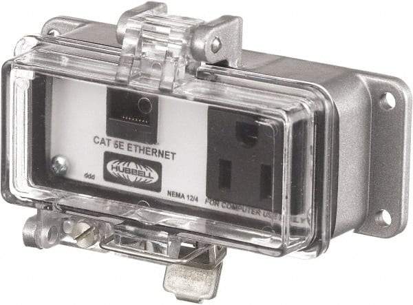 Hubbell Wiring Device-Kellems - 1 Port, 1 Power Receptacle, Ethernet, Clear Data Port Receptacle - 3.2 Inch Long x 1.6 Inch Deep x 4.45 Inch Wide, Aluminum, Surface Mount, Gray - Caliber Tooling