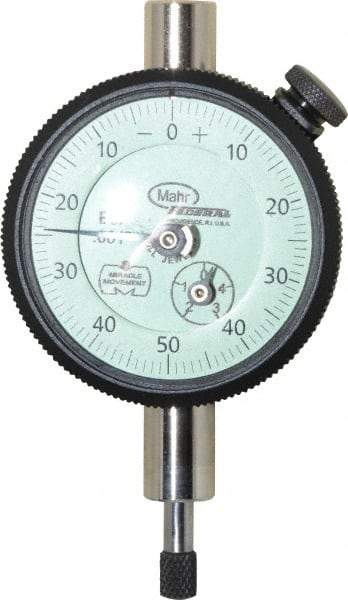 Mahr - 1/4" Range, 0-50-0 Dial Reading, 0.001" Graduation Dial Drop Indicator - 1-3/4" Dial, 0.1" Range per Revolution, 0.001" Accuracy, Revolution Counter - Caliber Tooling