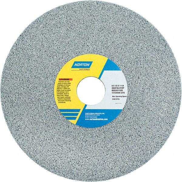 Norton - 8" Diam x 1-1/4" Hole x 1/2" Thick, H Hardness, 46 Grit Surface Grinding Wheel - Ceramic, Type 1, Coarse Grade, 3,105 Max RPM - Caliber Tooling