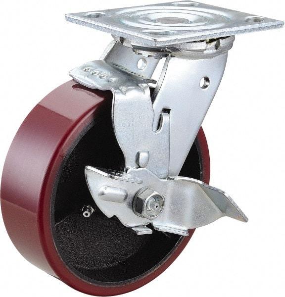 Value Collection - 6" Diam x 2" Wide x 7-1/2" OAH Top Plate Mount Swivel Caster with Brake - Polyurethane, 1,200 Lb Capacity, Roller Bearing, 4 x 4-1/2" Plate - Caliber Tooling