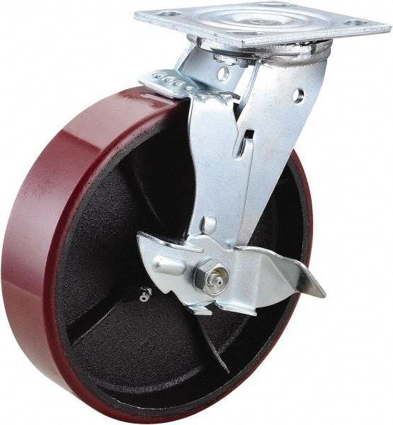 Value Collection - 8" Diam x 2" Wide x 9-1/2" OAH Top Plate Mount Swivel Caster with Brake - Polyurethane, 1,200 Lb Capacity, Roller Bearing, 4 x 4-1/2" Plate - Caliber Tooling