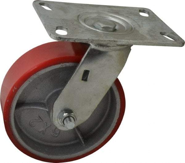 Fairbanks - 6" Diam x 2" Wide x 7-1/2" OAH Top Plate Mount Swivel Caster - Polyurethane, 1,000 Lb Capacity, Roller Bearing, 4-1/2 x 6-1/4" Plate - Caliber Tooling