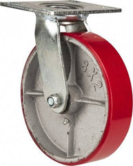 Fairbanks - 8" Diam x 2" Wide x 9-1/4" OAH Top Plate Mount Swivel Caster - Polyurethane, 1,200 Lb Capacity, Roller Bearing, 4-1/2 x 6-1/4" Plate - Caliber Tooling