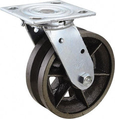 Value Collection - 6" Diam x 2" Wide, Metal With Groove Swivel Caster - 1,000 Lb Capacity, Top Plate Mount, 4" x 4-1/2" Plate, Roller Bearing - Caliber Tooling