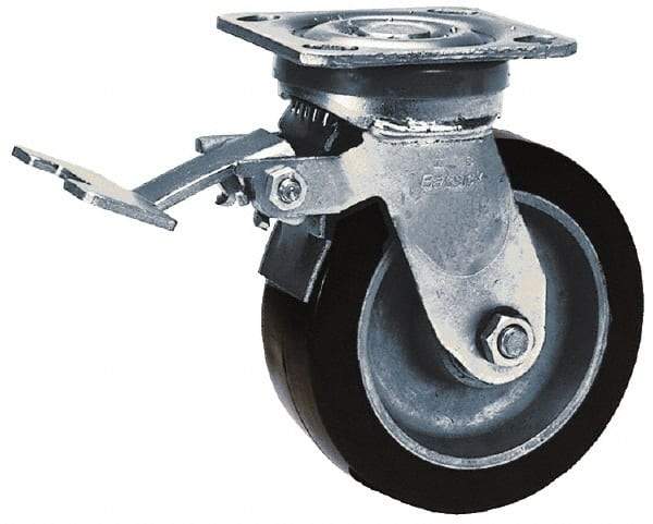 Albion - 8" Diam x 2" Wide x 9-1/2" OAH Top Plate Mount Swivel Caster with Brake - Polyurethane, 900 Lb Capacity, Roller Bearing, 4 x 4-1/2" Plate - Caliber Tooling