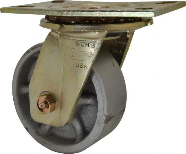 Albion - 5" Diam x 2" Wide x 6-1/2" OAH Top Plate Mount Swivel Caster - Semi-Steel, 1,750 Lb Capacity, Sealed Roller Bearing, 4-1/2 x 6-5/16" Plate - Caliber Tooling