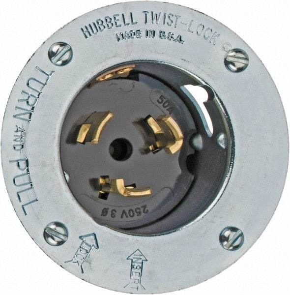 Hubbell Wiring Device-Kellems - 250 VAC, 50 Amp, Self Grounding Inlet - 3 Poles, 4 Wire, Male End, Metallic - Caliber Tooling