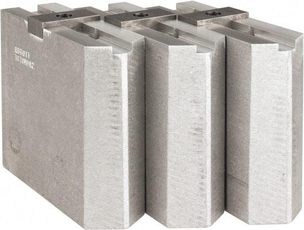 Abbott Workholding Products - Tongue & Groove Attachment, Square Soft Lathe Chuck Jaw - 3 Jaws, Aluminum, 2-1/8" Btw Mount Hole Ctrs, 4-1/2" Long x 1-1/2" Wide x 4" High, 1/2" Groove, 1/2" Fastener - Caliber Tooling