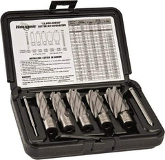 Hougen - 8 Piece, 5/8 to 1-1/8" Cutter Diam, 2" Cutting Depth, High Speed Steel Annular Cutter Set - Bright Finish, 3/4" Shank Diam, 5/8, 3/4, 7/8, 1, 1-1/8" Cutter Diams, 2 Flats on Shank - Caliber Tooling