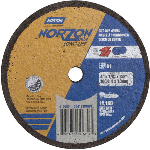 4″ × 1/8″ × 3/8″ NorZon Plus Small Diameter Cut-Off Wheel Type 01 Straight Aluminum Oxide - Caliber Tooling