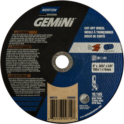 150 mm × 1 mm × 5/8″ Gemini Circular Saw Cut-Off Wheel U57A 60 O Type 01/41 - Caliber Tooling