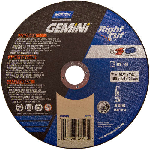 7″ × 0.060″ × 7/8″ Gemini Right Angle Cut-Off Wheel Type 01 Straight Aluminum Oxide - Caliber Tooling