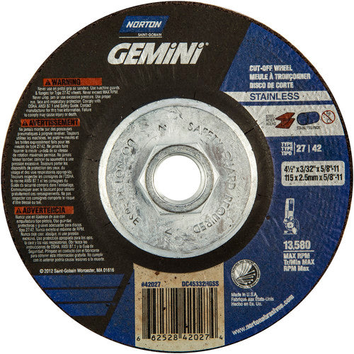 ‎4-1/2 × 3/32 × 5/8 - 11″ Gemini INOX/SS Cutting Wheel A 30 Q BDA Type 27/42 - Caliber Tooling