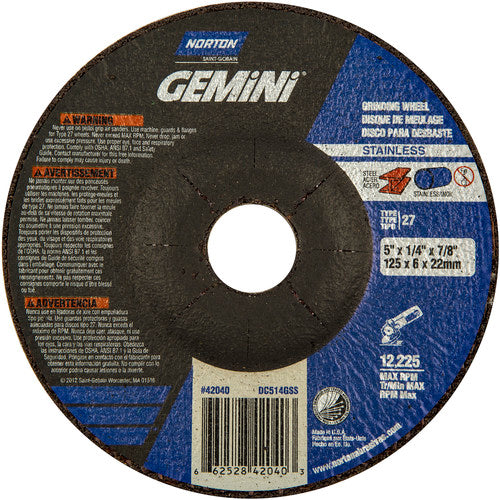 5 × 1/4 × 7/8″ Gemini INOX/SS Grinding Wheel A 24 Q BDA Type 27 - Caliber Tooling