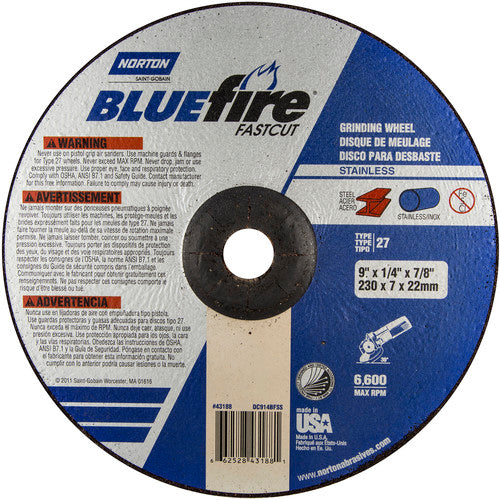 9″ × 1/4″ × 7/8″ BlueFire Non-Woven Depressed Center Wheel Type 27 Zirconia Alumina / Aluminum Oxide - Caliber Tooling