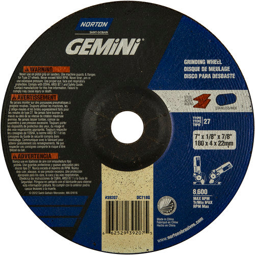 7 × 1/8 × 7/8″ Gemini Long Life Grinding Wheel A 24 R Type 27 - Caliber Tooling