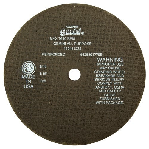 8″ × 0.060″ × 5/8″ Gemini Circular Saw Cut-Off Wheel Type 01 Straight 36 Grit Aluminum Oxide - Caliber Tooling