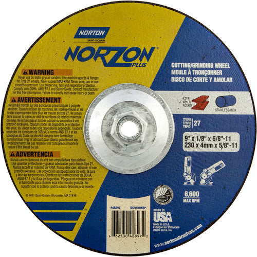 9″ × 1/8″ × 5/8″ NorZon Plus Non-Woven Depressed Center Wheel Type 27 - Caliber Tooling