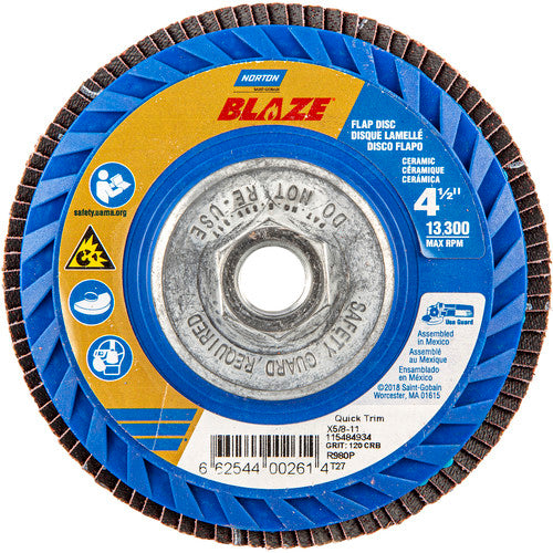 ‎4-1/2 × 5/8 - 11″ Blaze Plastic Flat Flap Disc Type 27 120 Grit R980P Premium Ceramic Alumina - Caliber Tooling