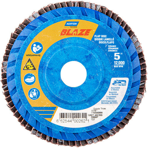 5 × 7/8″ Blaze Plastic Flat Flap Disc Type 27 40 Grit R980P Premium Ceramic Alumina - Caliber Tooling