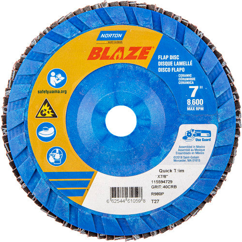 7 × 7/8″ Blaze Plastic Flat Flap Disc Type 27 40 Grit R980P Premium Ceramic Alumina - Caliber Tooling