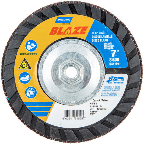 ‎7 × 5/8 - 11″ Blaze Plastic Flat Flap Disc Type 27 120 Grit R980P Premium Ceramic Alumina - Caliber Tooling