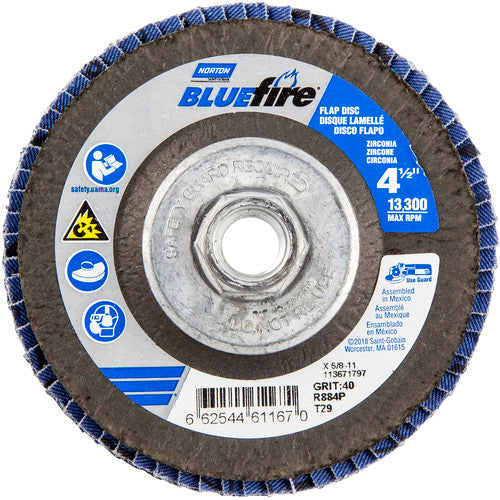 ‎4-1/2 × 5/8 - 11″ BlueFire Fiberglass Conical Flap Disc Type 29 P40 Grit R884P Zirconia Alumina - Caliber Tooling