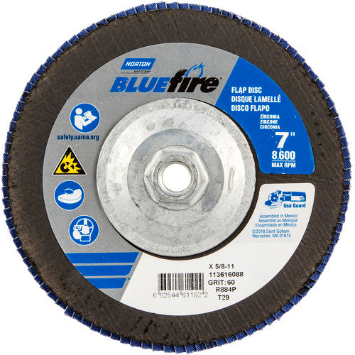 ‎7 × 5/8 - 11″ BlueFire Fiberglass Conical Flap Disc Type 29 P60 Grit R884P Zirconia Alumina - Caliber Tooling