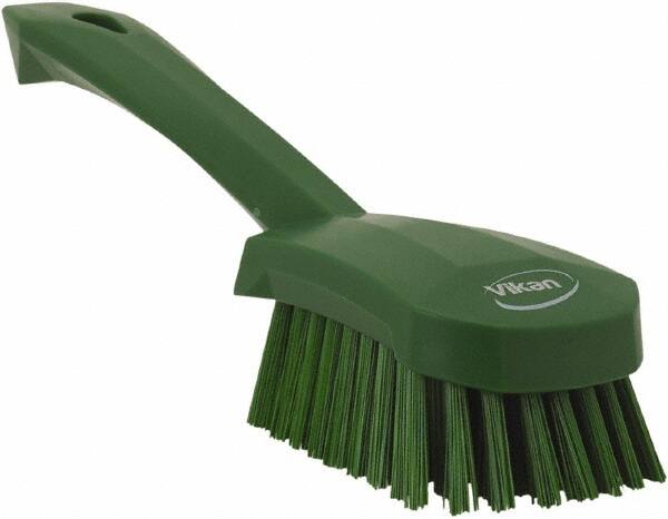 Vikan - 1.3" Bristle Length, Polyester Scrub Brush - 4-1/4" Long x 2-3/4" Wide Head, 10" OAL, Green, Polypropylene Block - Caliber Tooling