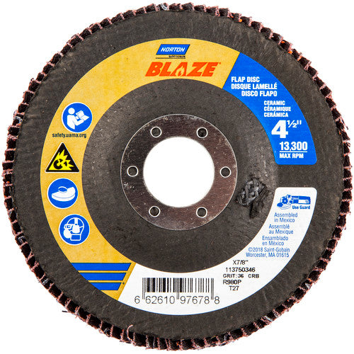 ‎4-1/2 × 7/8″ Blaze Fiberglass HD Flat Flap Disc Type 27 36 Grit R980P Premium Ceramic Alumina - Caliber Tooling