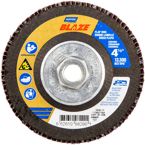 ‎4-1/2 × 5/8 - 11″ Blaze Fiberglass HD Flat Flap Disc Type 27 40 Grit R980P Premium Ceramic Alumina - Caliber Tooling