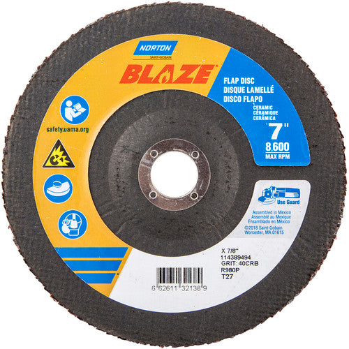 7 × 7/8″ Blaze Fiberglass HD Flat Flap Disc Type 27 40 Grit R980P Premium Ceramic Alumina - Caliber Tooling