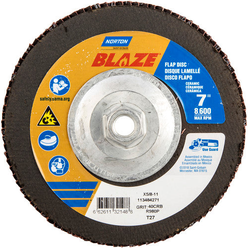 ‎7 × 5/8 - 11″ Blaze Fiberglass HD Flat Flap Disc Type 27 40 Grit R980P Premium Ceramic Alumina - Caliber Tooling