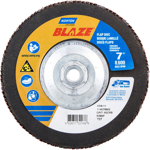 ‎7 × 5/8 - 11″ Blaze Fiberglass HD Flat Flap Disc Type 27 60 Grit R980P Premium Ceramic Alumina - Caliber Tooling