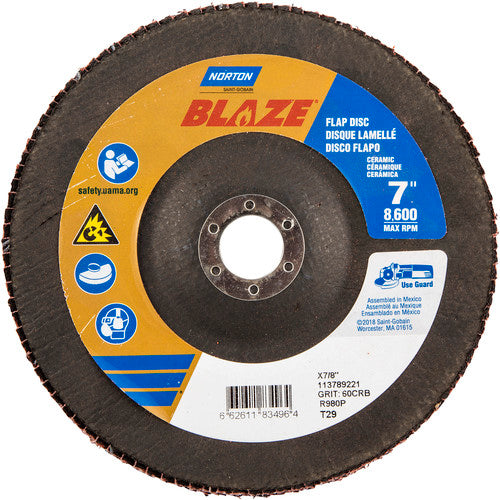 7 × 7/8″ Blaze Fiberglass Conical Flap Disc Type 29 60 Grit R980P Premium Ceramic Alumina - Caliber Tooling