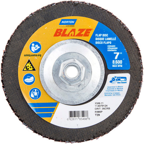 ‎7 × 5/8 - 11″ Blaze Fiberglass Conical Flap Disc Type 29 36 Grit R980P Premium Ceramic Alumina - Caliber Tooling