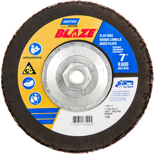 ‎7 × 5/8 - 11″ Blaze Fiberglass Conical Flap Disc Type 29 40 Grit R980P Premium Ceramic Alumina - Caliber Tooling