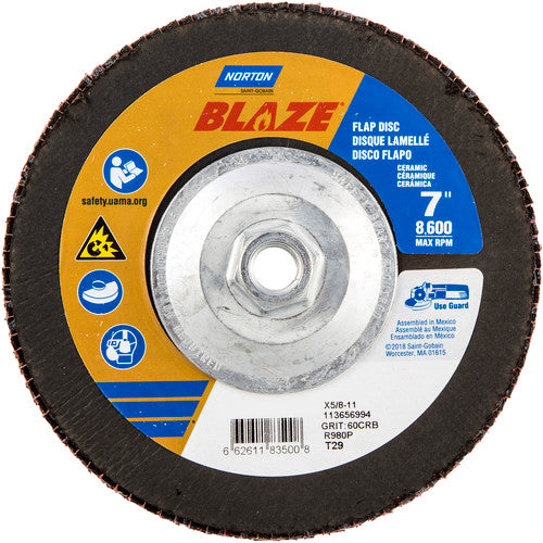 ‎7 × 5/8 - 11″ Blaze Fiberglass Conical Flap Disc Type 29 60 Grit R980P Premium Ceramic Alumina - Caliber Tooling