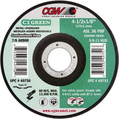 Camel Grinding Wheels - 36 Grit, 4-1/2" Wheel Diam, 1/8" Wheel Thickness, 7/8" Arbor Hole, Type 27 Depressed Center Wheel - Medium Grade, Aluminum Oxide, Resinoid Bond, 13,300 Max RPM - Caliber Tooling